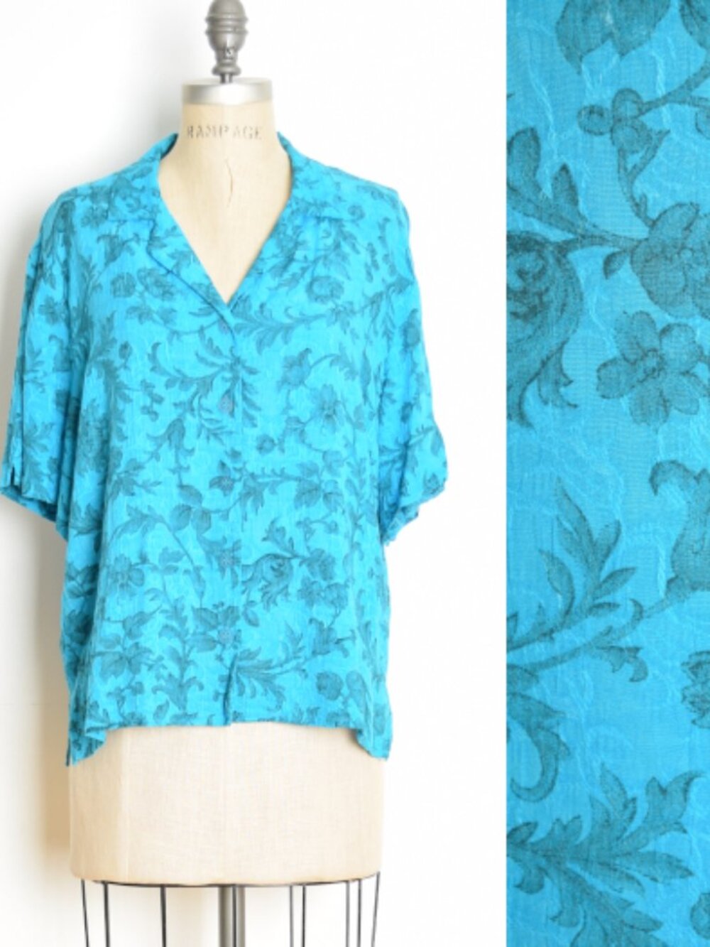 vintage 90s top blue baroque floral print button up shirt blouse crinkle L